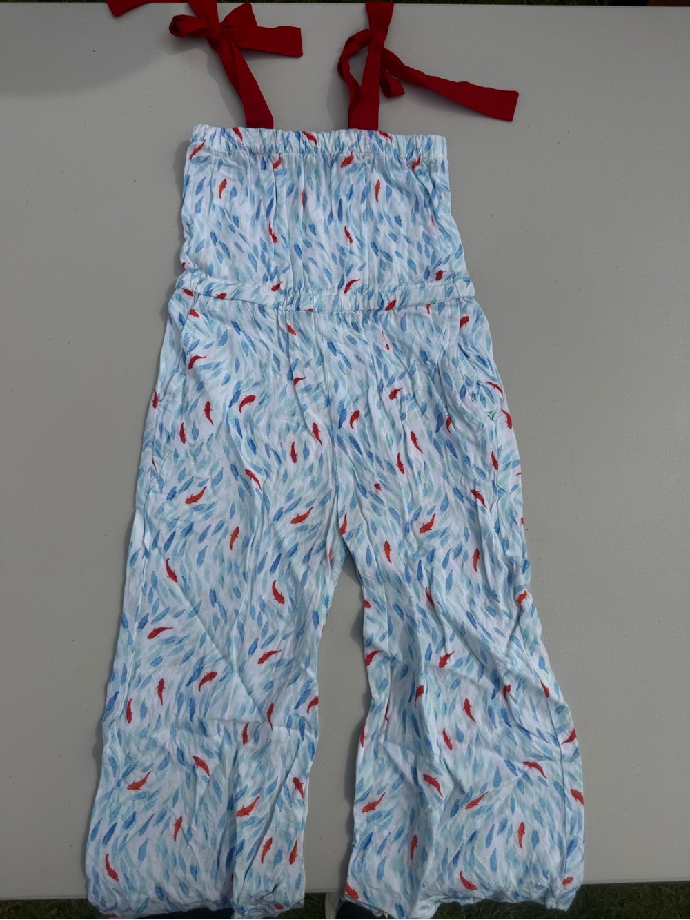 Girls White & Blue Fish-Print Romper with Red Tie Straps